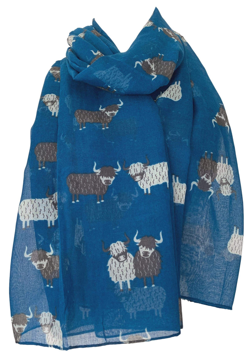 [Australia] - Purple Possum® Cow Scarf Ladies Highland Cows Cattle Lightweight Shawl Cute Wrap Blue 