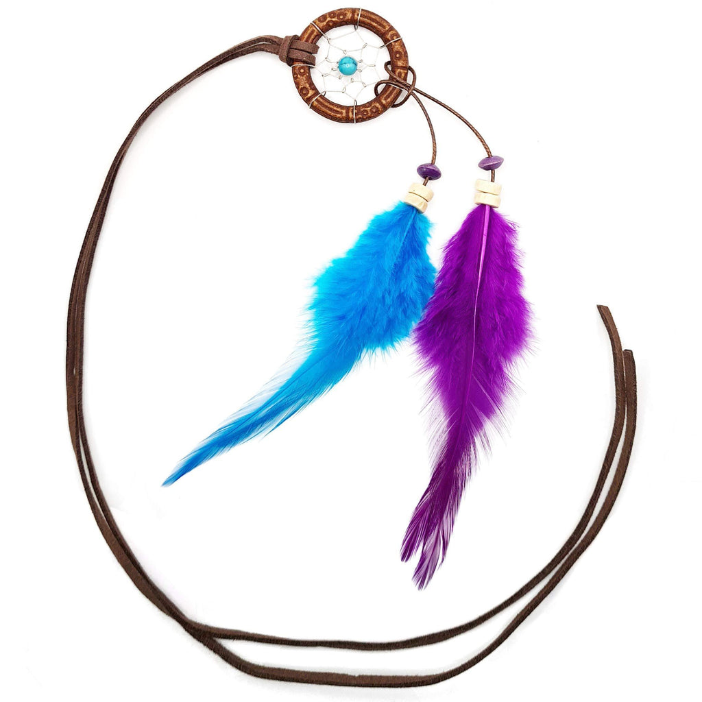 [Australia] - PauliStyle Dreamcatcher Necklace with Feathers and Bronze Bells Faux Leather Summer Festival Boho Style Blue and Purple 