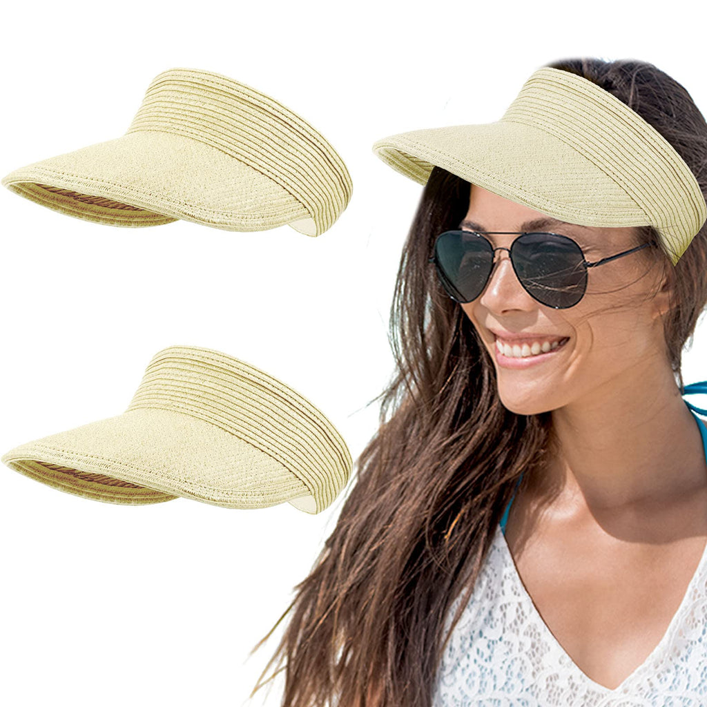 [Australia] - 3 Pieces Sun Visor Hat Wide Brim Straw Sun Hat Summer Hat Foldable Roll Floppy Beach Hats for Women Beige 