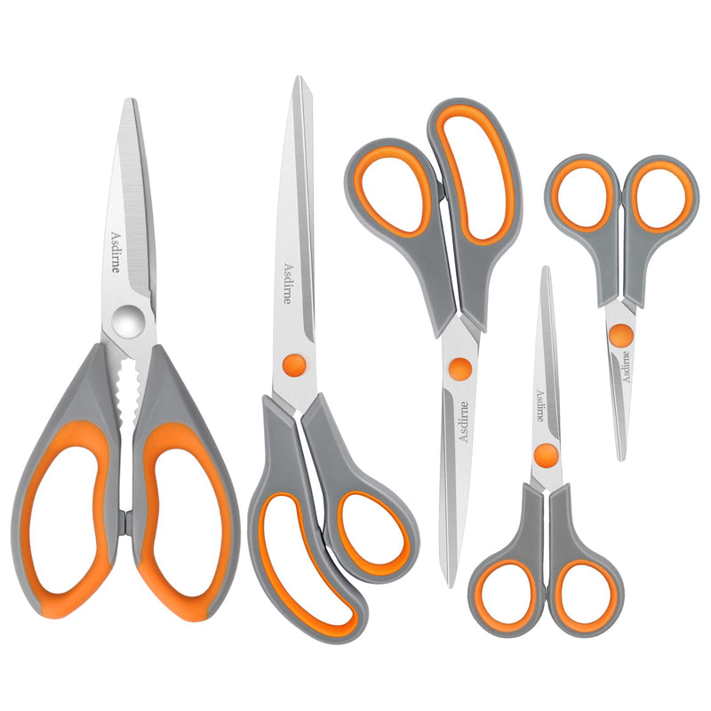 [Australia] - Asdirne Scissors, Kitchen Scissors with Sharp Stainless Steel Blades and Soft Handles, Multifunctional Scissors Set, 5PCs, Orange/Grey 