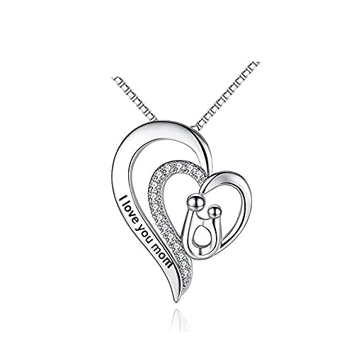 [Australia] - Gifts for Mum, Sterling Silver Heart Necklace I Love You Mom Necklace with Cubic Zirconia, Mother's Day Gift Birthday Present Jewellery for Mother 