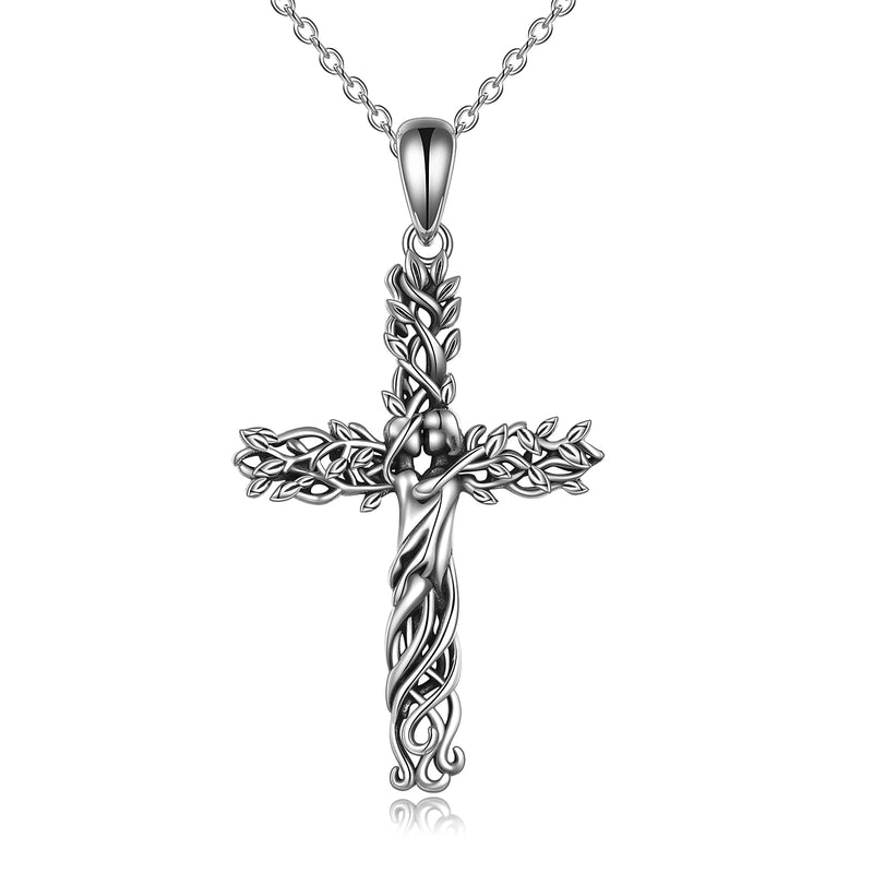 [Australia] - YFN Tree of Life Necklace Sterling Silver Tree Cross Pendant Couple Hugging Jewellery Gifts for Women Men Wife Husband 