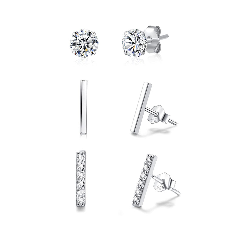 [Australia] - 3 Pairs 925 Sterling Silver Stud And Hoop Earrings Set -Freshwater Pearl Studs - Cubic Zirconia Studs -Huggie Hoops - Triple Lobe Earrings Set Pack CZ Studs-CZ Bar Studs-Bar Studs 