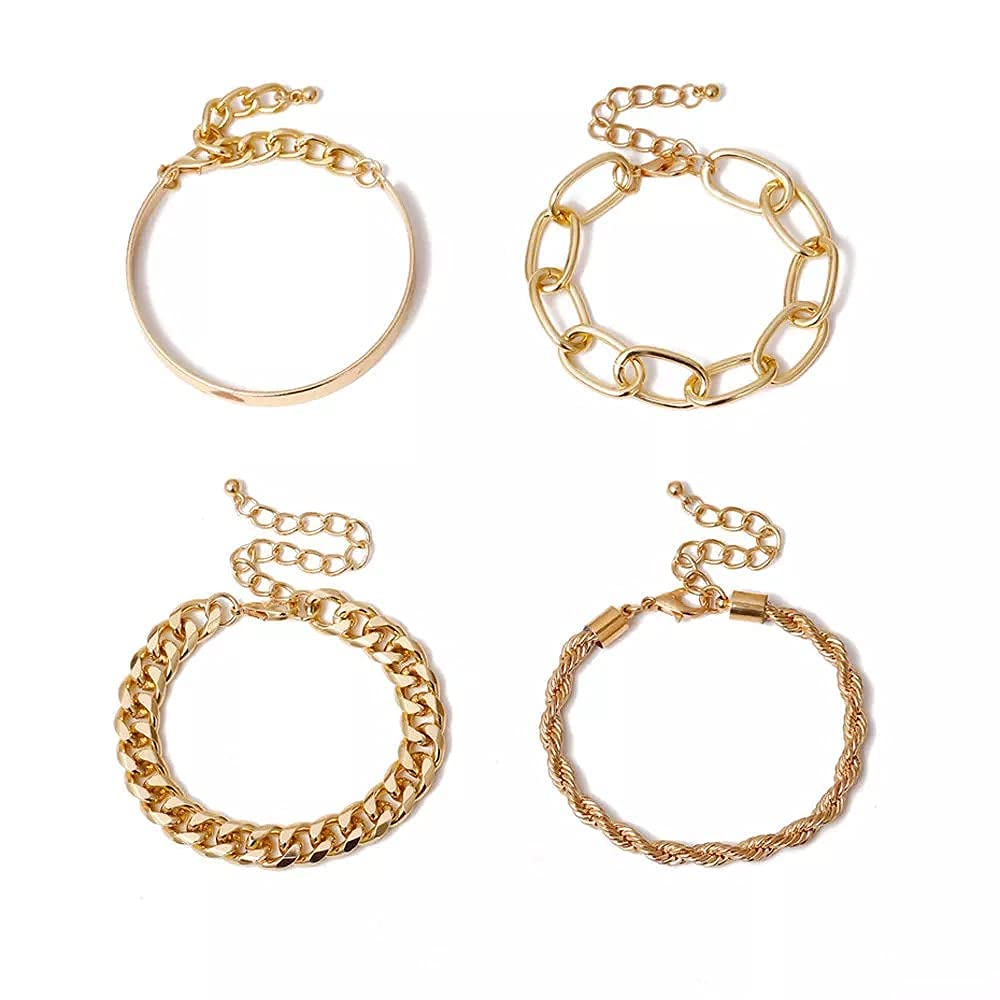 [Australia] - 4pcs Bracelet Set Thick Bangle Chain Boho Fashion Jewellery Gold Colour 