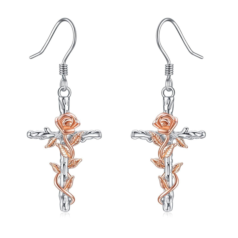 [Australia] - Cross Earrings Sterling Silver Religious Cross Dangle Earrings Jewellery Gifts for Women Girls Cross and rose earrings 