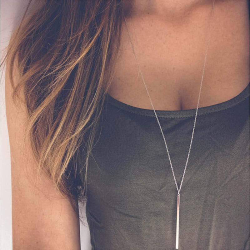 [Australia] - Larancie Long Necklace Minimalist Silver Necklace Vertical Bar for Women and Girls Neck Chain Jewelry 