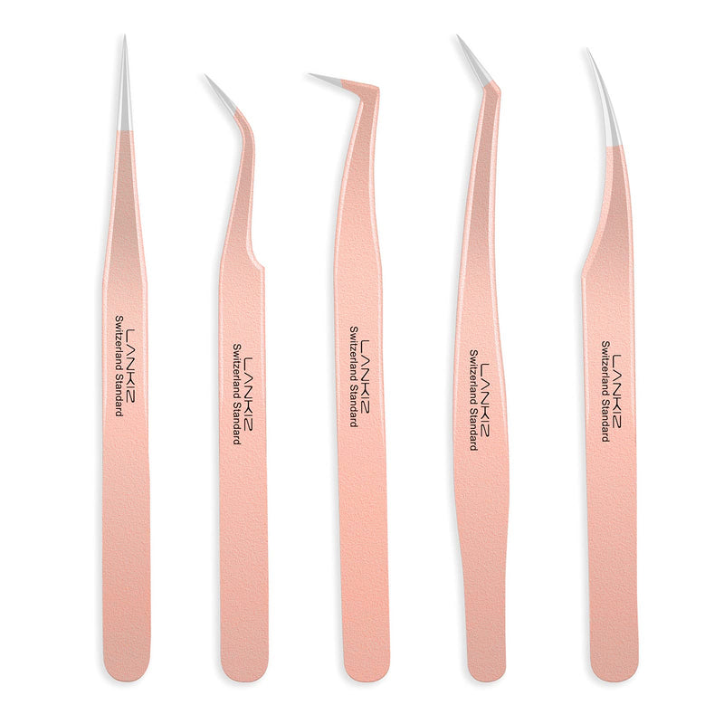 [Australia] - LANKIZ Eyelash Extension Tweezers Set 5 PCS for Volume Lash Extensions Stainless Steel Eyelash Tweezers for Extensions-Rose Gold Rose Gold 