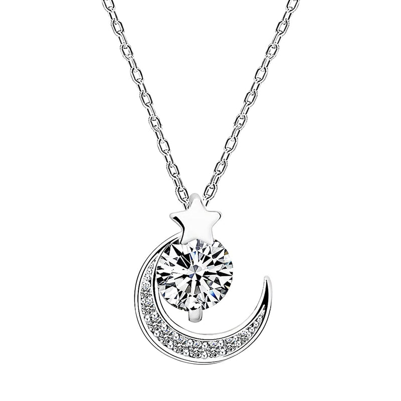 [Australia] - Yaneno Women Necklace 925 Sterling Silver Choker Cross Necklace Crystal Zirconia Pendant Moon Stars White 