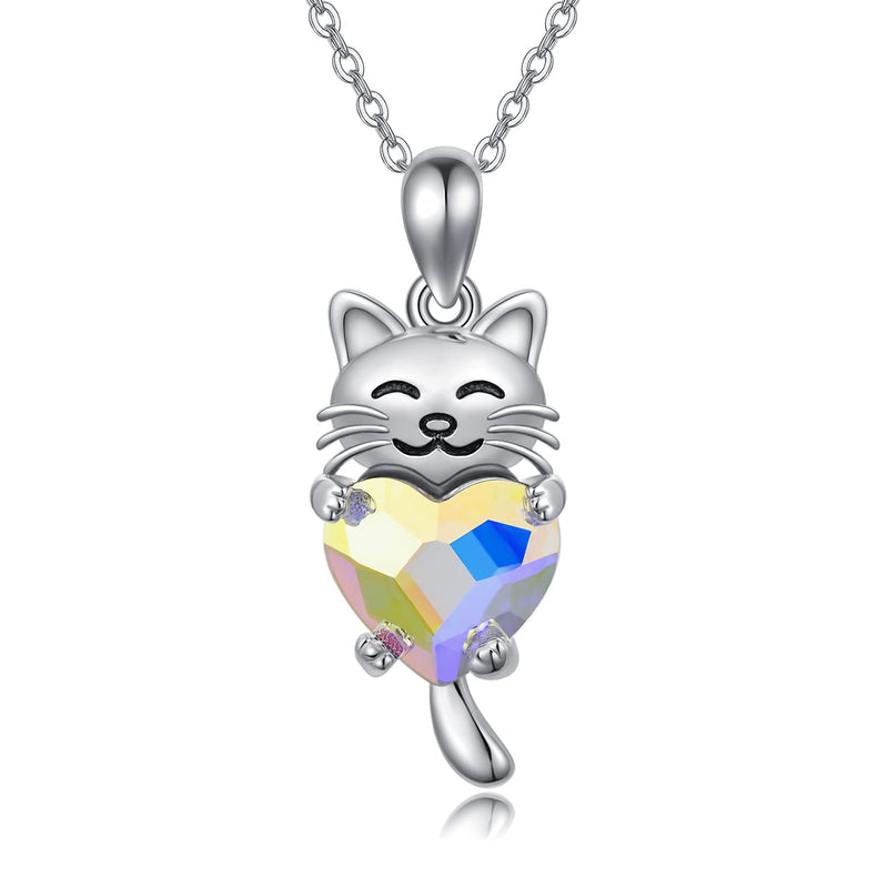 [Australia] - Panda Cat Necklace 925 Sterling Silver Dog Fox Elephant Hedgehog Koala Pendant Necklace Cute Animal Crystal Jewellery Gifts for Women Girls Crystal Cat 