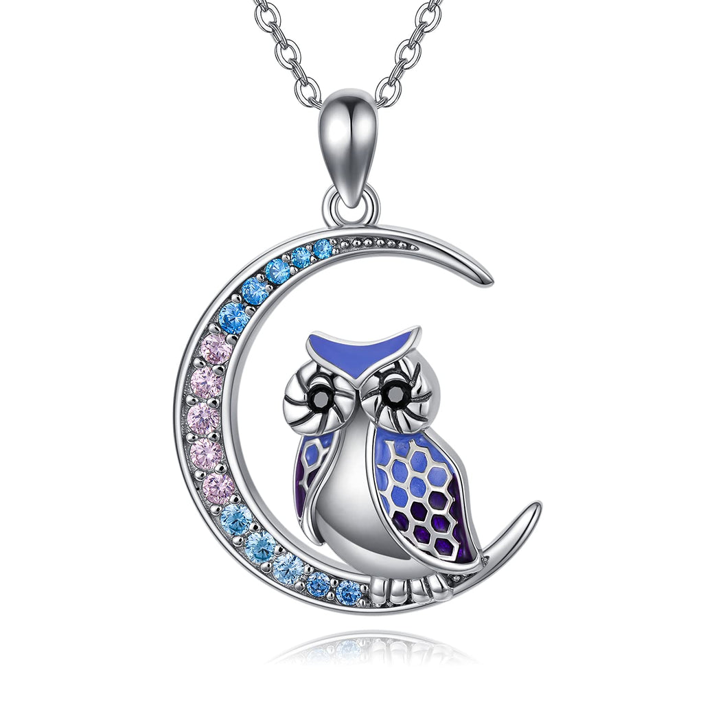 [Australia] - Owl Necklace 925 Sterling Silver Owl Gifts for Women Moon Heart Pendant Cute Animal Bird Owl Jewellery for Owl Lovers Girls Teen Girls Blue 