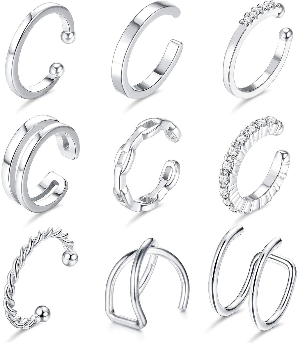 [Australia] - LOLIAS 9 PCS Ear Cuffs Small Hoop Earrings for Womens Non-Piercing Fake Ear Clips CZ Helix Cartilage Conch Cuffs Earrings Set Silver 