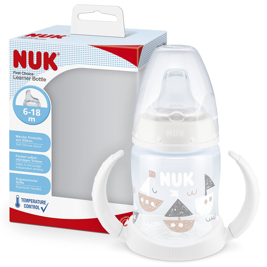 [Australia] - NUK First Choice Learner Cup Sippy Cup | 6-18 Months | Leak-Proof Silicone Spout | Anti-Colic Vent | BPA-Free | 150ml White (Boats) Temperature Control 