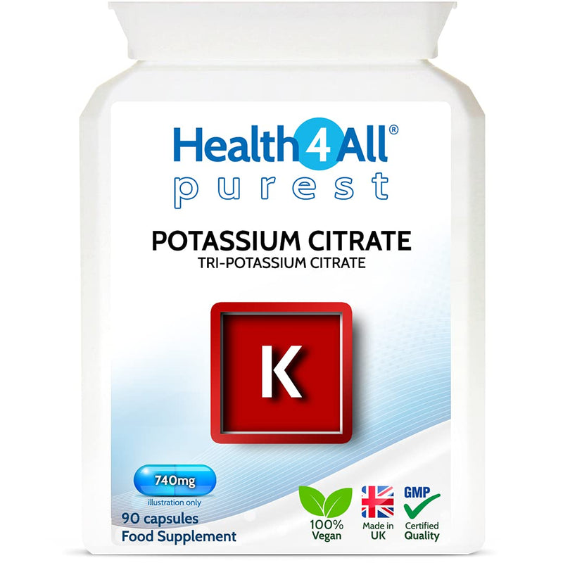 [Australia] - Potassium Citrate 740mg 90 Capsules (V) High Elemental Potassium. Purest: no additives. Vegan. Made by Health4All 90 Count (Pack of 1) 