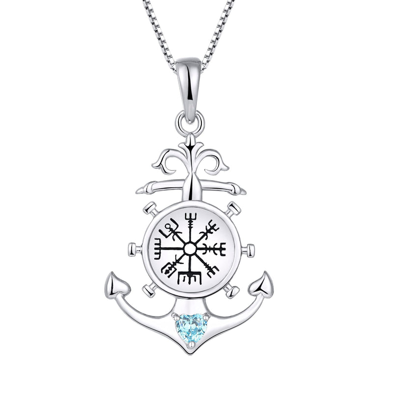 [Australia] - JO WISDOM 925 Silver Vegvisir Anchor Pendant Sailor Rudder Necklace with Heart Aquamarine Viking Jewellery for Women 