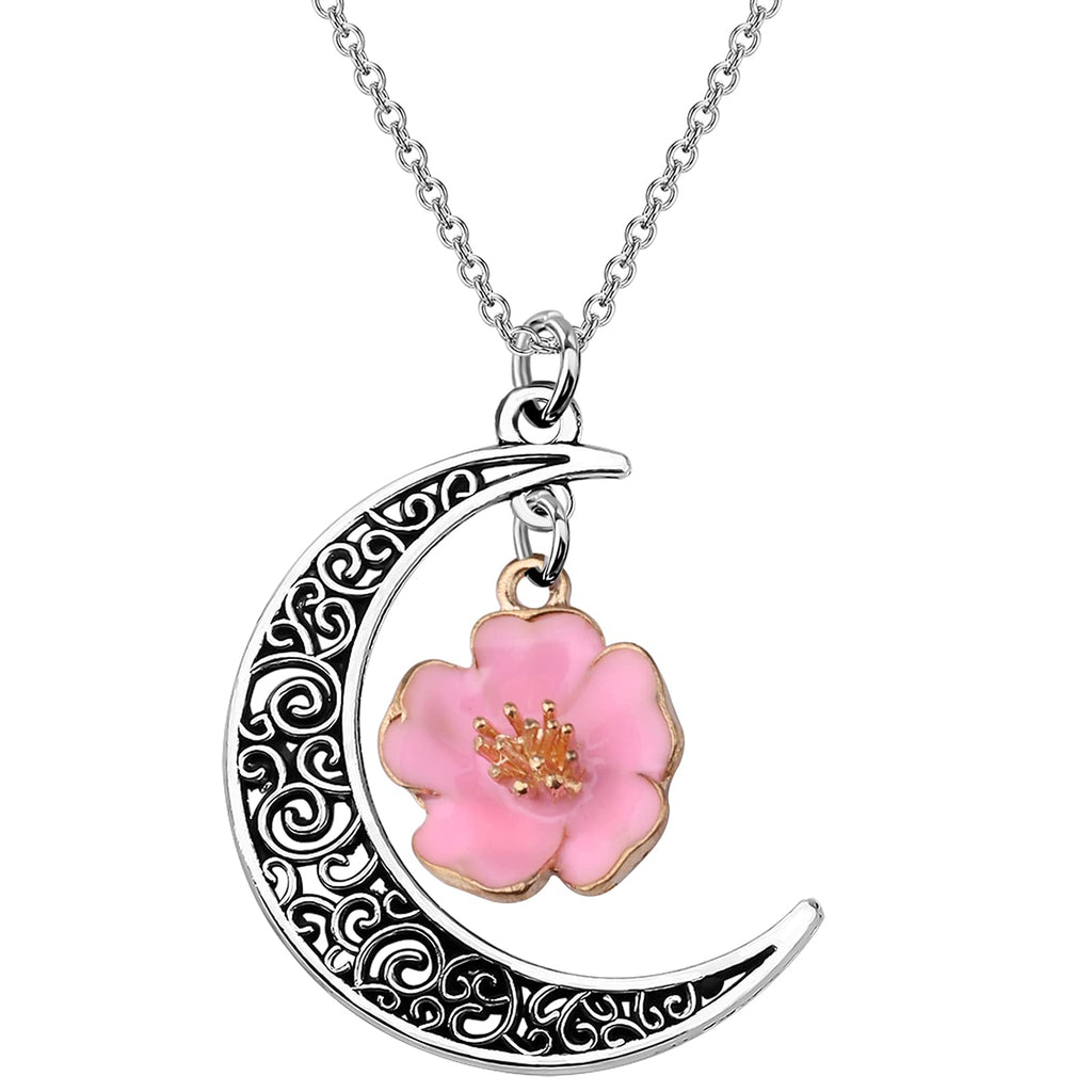 [Australia] - MYSOMY Ohana Jewelry OhanaHibiscus FlowerCrescent Moon Charm NecklaceOhana Means Family Theme Gift for Mother Grandmother Daughter Family Jewelry silver 