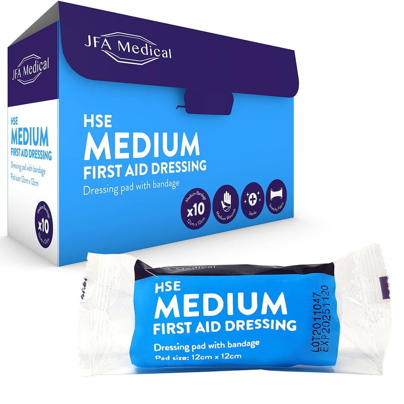 [Australia] - JFA Medical HSE Medium Sterile First Aid Wound Dressing Bandage with Pad 12 x 12cm - Pack of 10 Bandages 10 Count (Pack of 1) 