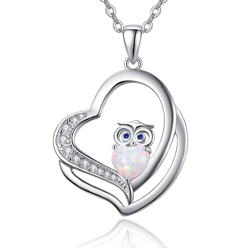 [Australia] - Owl Necklace Gift 925 Sterling Silver for Girls White Opal Owl Heart Pendants Jewellery for Women Gifts Kids Adjustable Chain 18 + 2" with Gift Box 