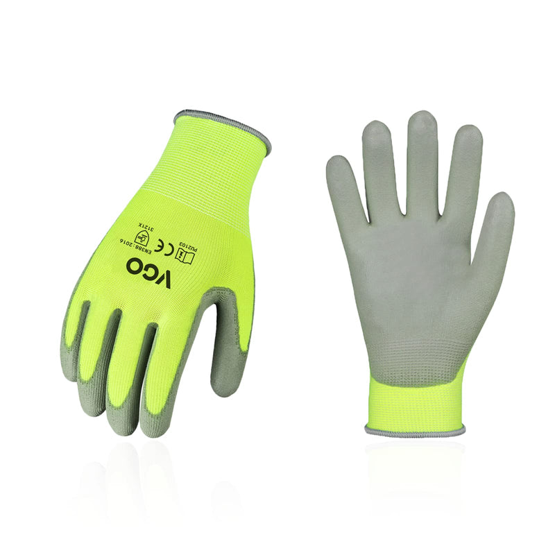[Australia] - Vgo 15Pairs Safety Work Gloves,Gardening Gloves,Polyurethane Coated,Dipping Gloves,Latex Free(Size S,Fluorescent Yellow,PU2103) S (Pack of 15) Yellow-PU2103 