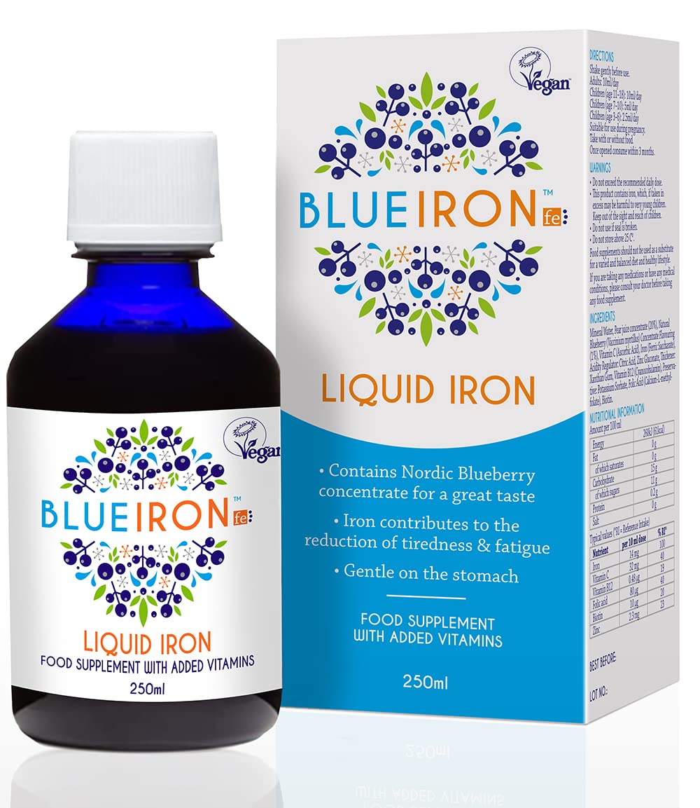 [Australia] - Blueiron Liquid Iron Supplement with Nordic Blueberries + Vitamin C, Vitamin B12, Folic Acid, Biotin and Zinc | 250ml | Suitable for Vegans | Easily Absorbed and Gentle On The Stomach 