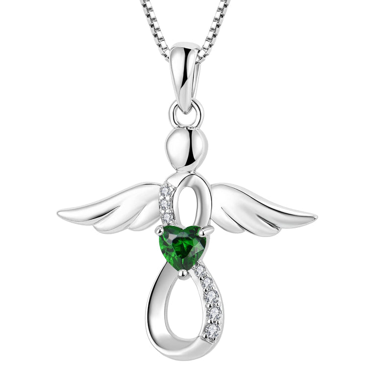 [Australia] - FJ Infinity Guardian Angel Pendant Necklace 925 Sterling Silver Heart Birthstone Cubic Zirconia Necklace Jewelry Gifts for Women Girls May - Emerald 