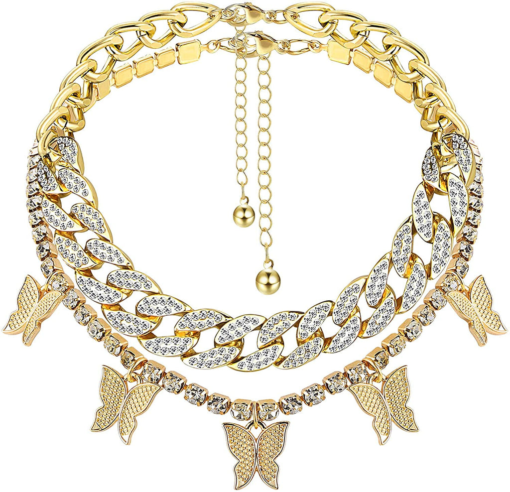 [Australia] - MILACOLATO Crystal Butterfly Choker Necklace Gold/Silver Rhinestone Pendant Necklaces Tennis Cuban Link Chain Sparkly Butterfly Party Jewelry for Women Girls gold 2 