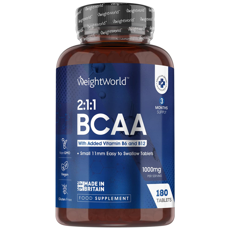 [Australia] - BCAA Tablets 1000mg - 180 Tablets (3 Months Supply) - 2:1:1 Branched Chain Amino Acid Supplement - Pre Workout Supplement for Men & Women - Vegan BCAA Supplement with Vitamins B6 & B12 - UK Made 