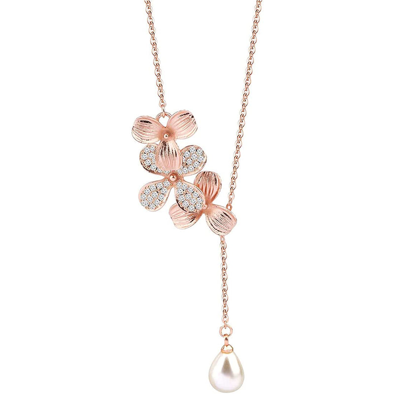 [Australia] - Orchid Flower Necklace Bracelet with Teardrop Pearl Wedding Jewelry Bridesmaids Gifts ROSE GOLD 