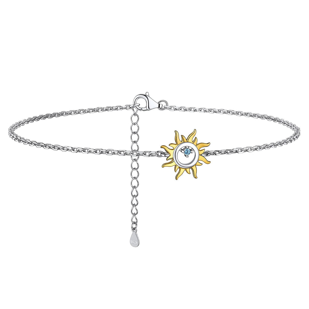 [Australia] - PROSILVER Women Silver Anklet, Heart/Sunshine/Cuban/Figaro/Mariner Sterling Silver Ankle Chain, with S925 Stamp, Boho Summer Jewelry -Send Gift Box 1-sunflower 