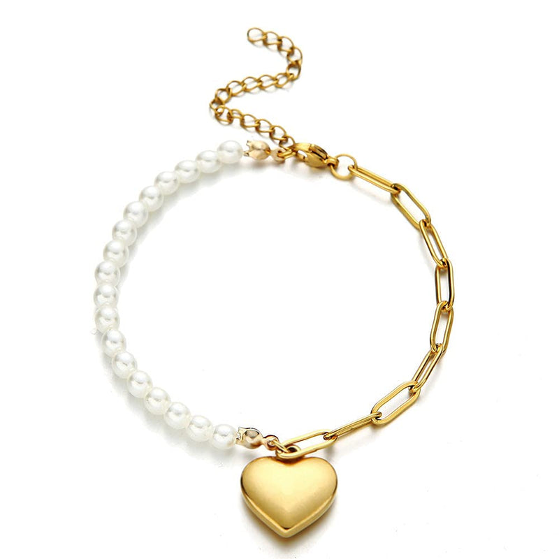 [Australia] - Chengxun Pearl Square Chain Combination Bracelet Stainless Steel Love Heart Pendant Charm Bracelet Valentine's Day Gift for Women Gold 