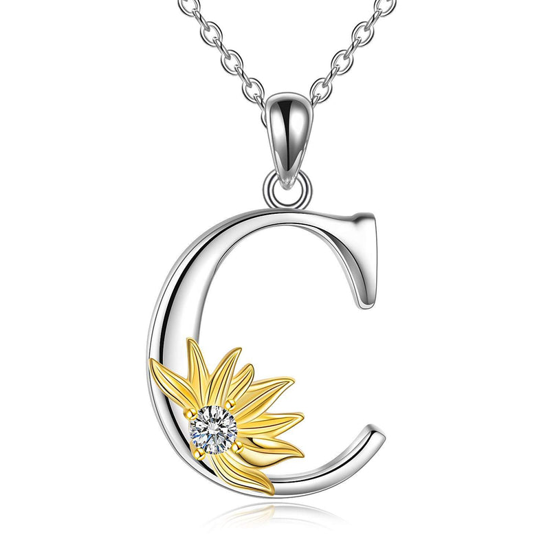 [Australia] - VONALA 925 Sterling Silver Sunflower Necklace Sterling Silver Initial Alphabet Letter Script Name Pendant Sunflower Jewellery Gifts for Women Girls C 