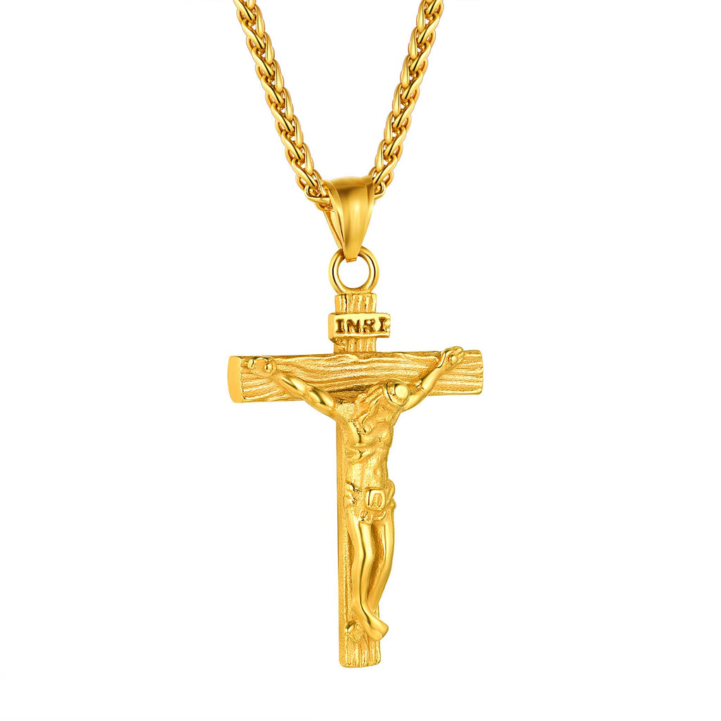 [Australia] - FindChic Men Women Jesus Christ Crucifix Cross Pendant Necklace Holy Christian Stainless Steel Religious Jewellery Cross Chains Design G-18k Gold Plated 01. no customize 