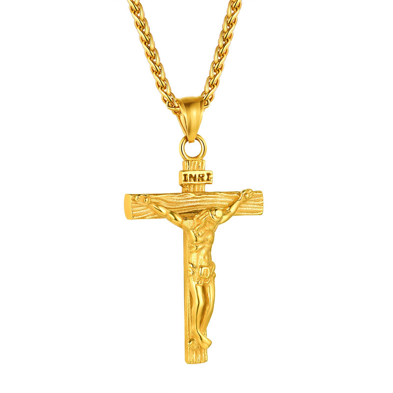 [Australia] - FindChic Men Women Jesus Christ Crucifix Cross Pendant Necklace Holy Christian Stainless Steel Religious Jewellery Cross Chains Design G-18k Gold Plated 01. no customize 