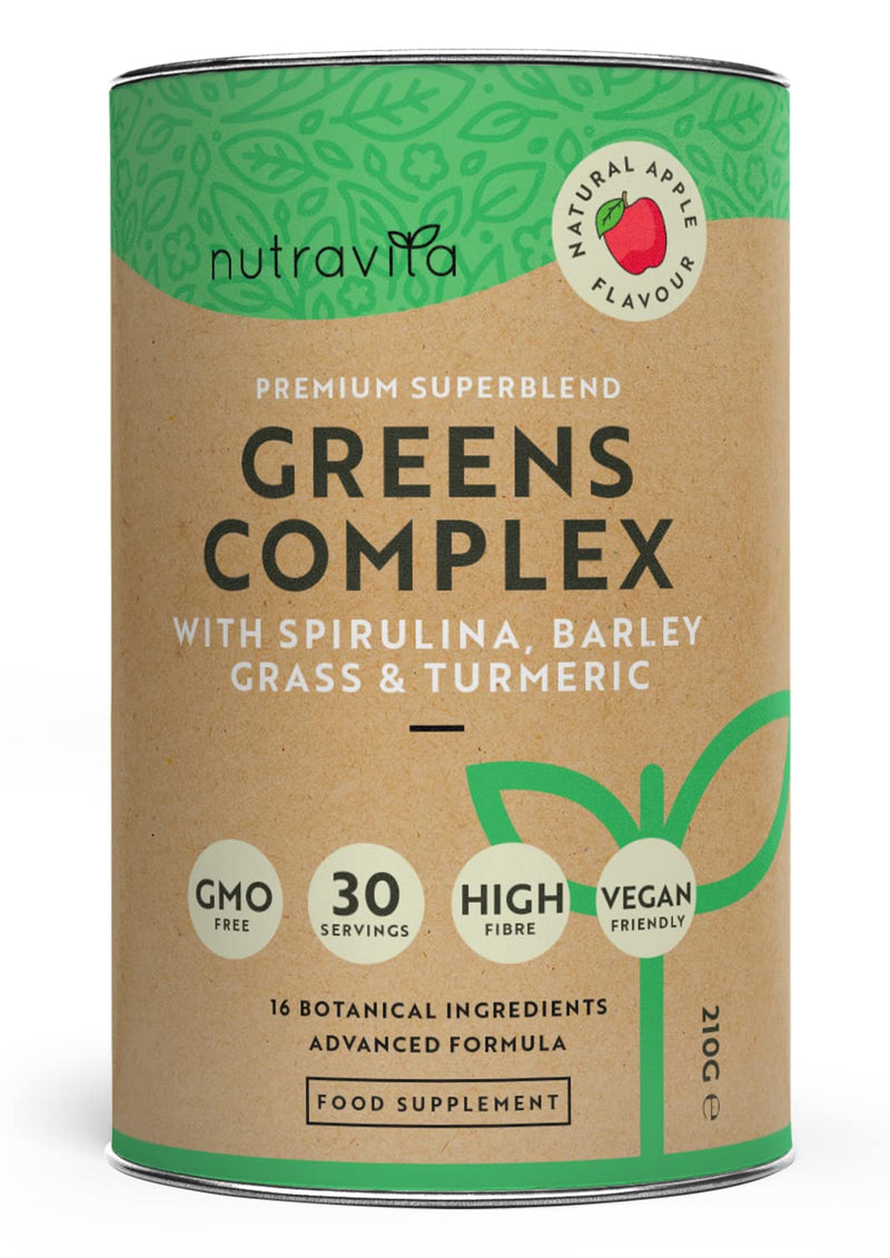 [Australia] - Super Greens Powder Complex - Natural Apple Flavour - Premium Superfood Powder Blend with Spirulina, Barley Grass and Turmeric - High Fibre, Vegan Friendly, and GMO Free - Made in The UK by Nutravita 