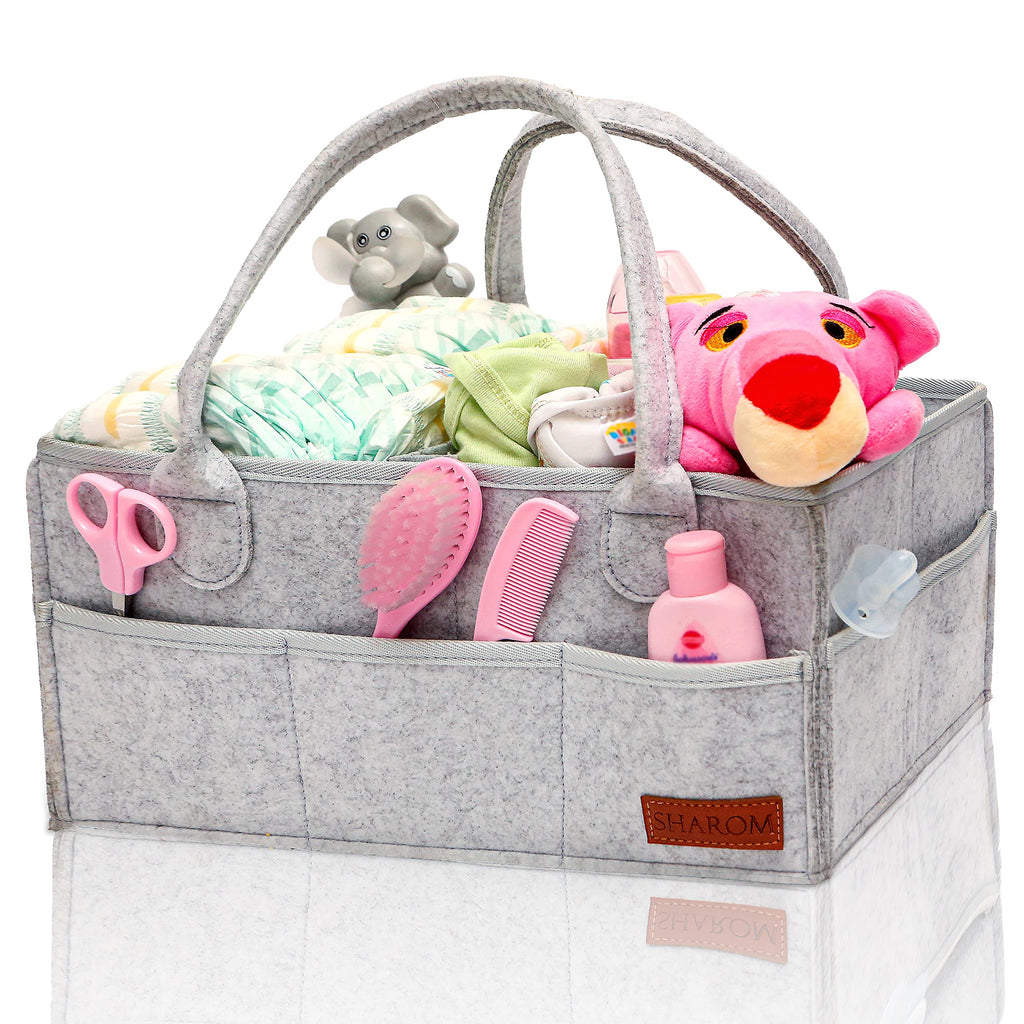 [Australia] - SHAROM Nappy Caddy Organiser - Sturdy 3mm Thick Portable Baby Diaper Bag for Storage - Easy to Carry Nursery Basket for Wipes and Newborn Essentials, Grey Felt 