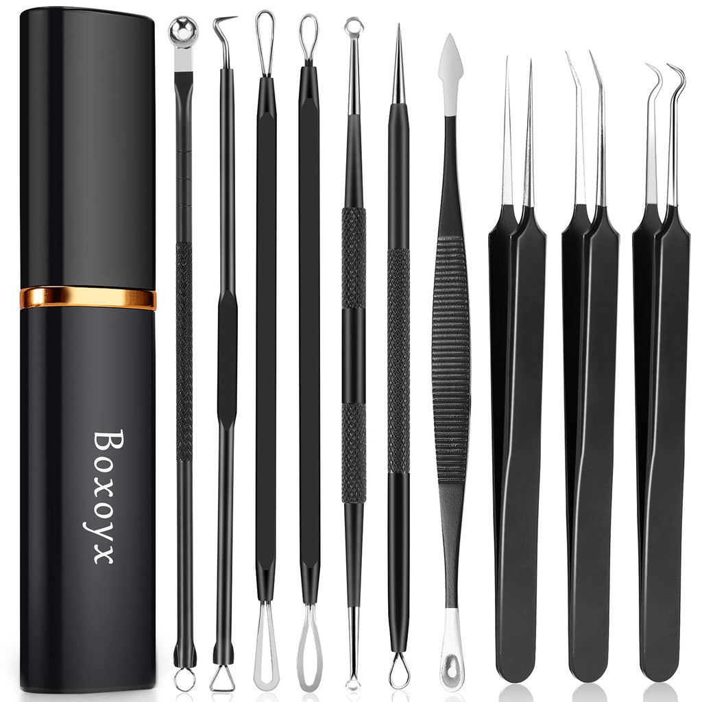 [Australia] - Boxoyx Pimple Popper Tool Kit - 10Pcs Blackhead Remover Comedone Extractor Tool Kit with Metal Case for Quick and Easy Removal of Pimples, Blackheads, Zit Removing, Forehead, Facial and Nose(Black) 