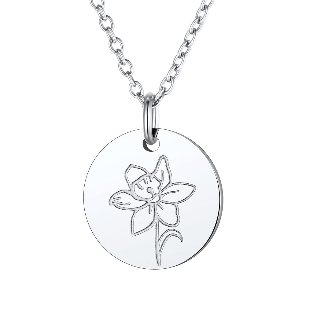 [Australia] - FindChic Women Birth Month Flower Engraved Necklace Stainless Steel Birthday Jewellery Gift 12. Silver-dec. (Daffodil) 01. No Customise 