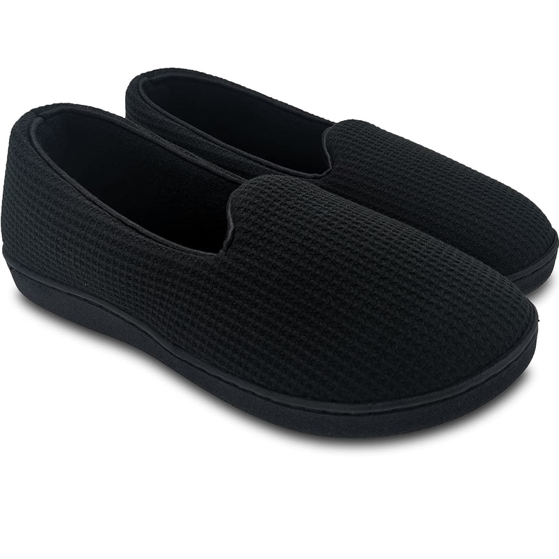 [Australia] - ofoot Womens Memory Foam Knit Cotton Waffle House Slippers with Back Indoor Slip On Shoes Lightweight Washable Terry Cloth Lining Non Slip Rubber Soles 5.5/6 UK Black 