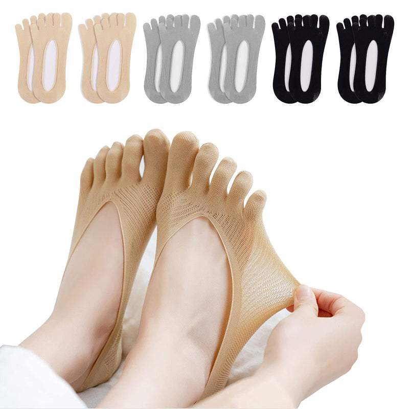 [Australia] - Toe Socks Women - 5/6 Pair Orthopedic Compression Socks Invisible Socks No Show Socks Non Slip Silk Five Finger Socks for Girls Ladies 2Black+2Grey+2Skin 