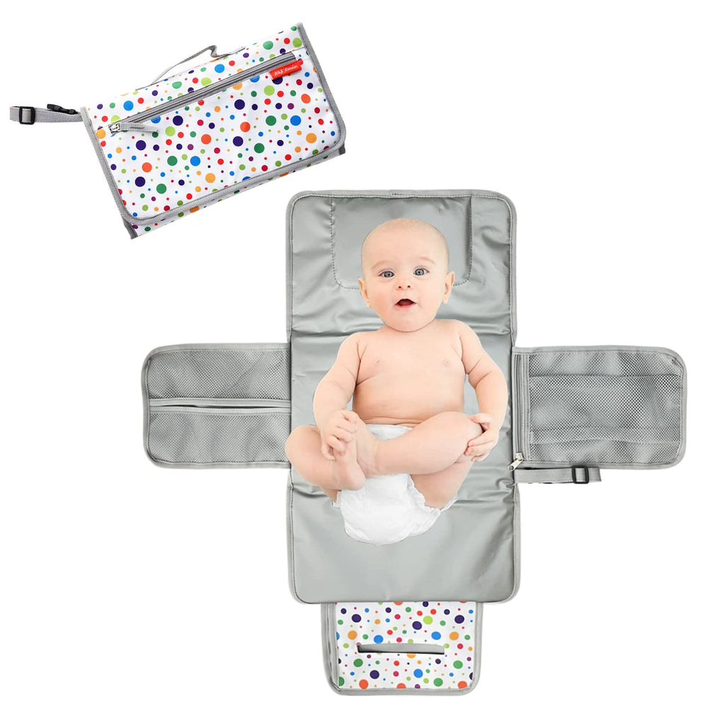 [Australia] - K&S_London Baby Changing Mat Newborn Essentials Baby Mat with Soft Head Cushion, Nappy and Wipe Pocket Waterproof, White Multicolour 