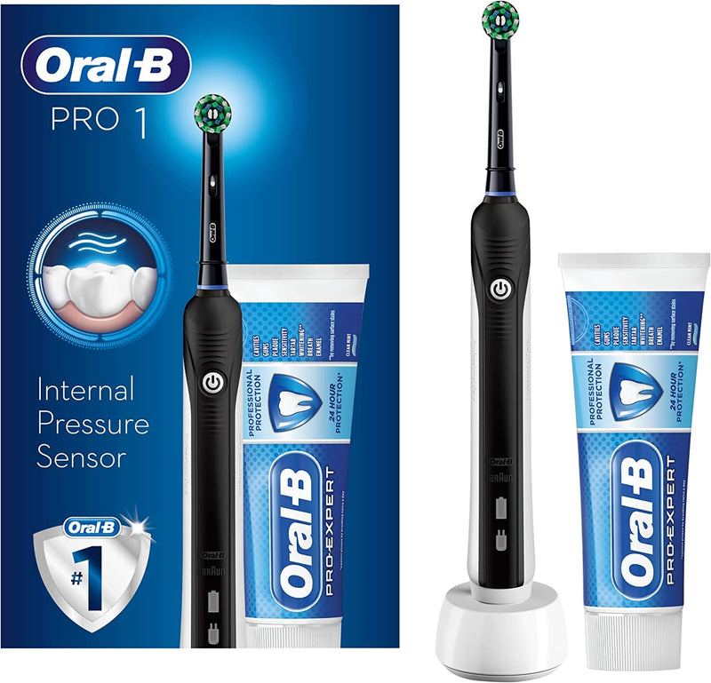 [Australia] - Oral-B Pro 1 Electric Toothbrush with Pressure Sensor & Pro-Expert Professional Protection Toothpaste, Gifts For Women / Men, 1 Handle, 1 Toothbrush Head, With 3D Cleaning, 2 Pin UK Plug, 650, Black 