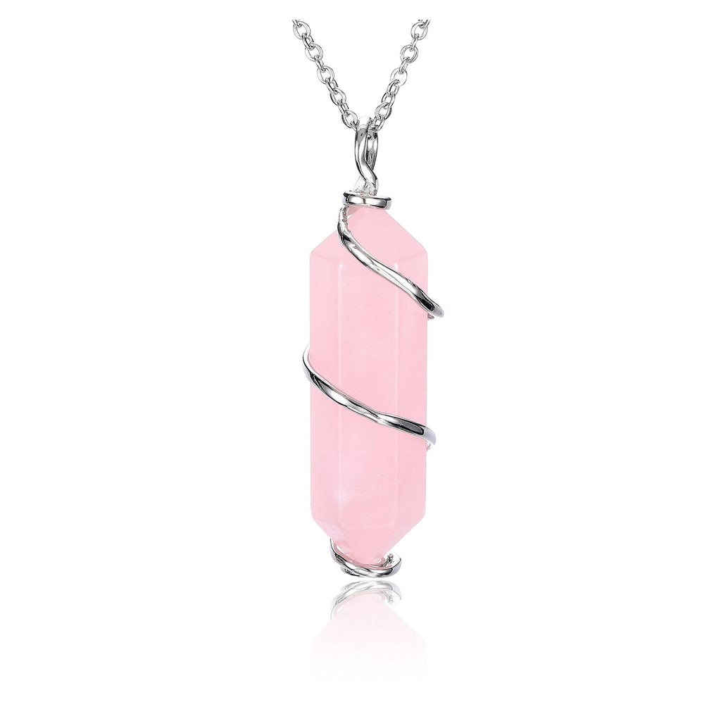 [Australia] - CrystalTears Healing Crystal Necklace Sliver Wire Wrapped Hexagonal Quartz Crystal Point Gemstone Pendant Necklace Jewelry for Women rose quartz 