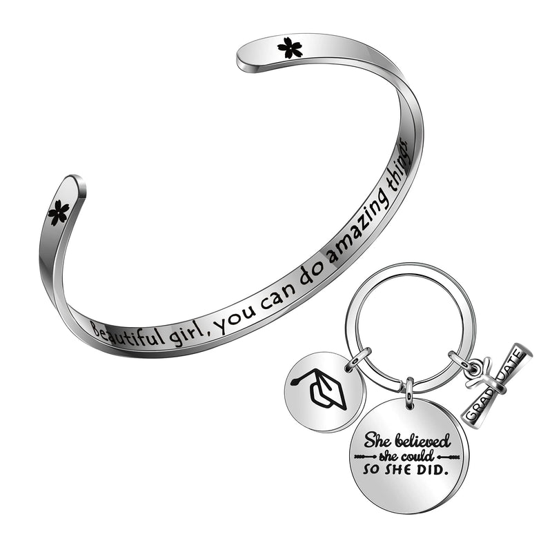 [Australia] - Maxforever Inspirational Graduation Gifts" Beautiful Girl, You Can Do Amazing Things "Motivational Cuff Bangle with a Inspirational Keying, Graduation Friendship Gifts for Classmates Friends Girls Bangle & She believed she could so she did Keyring 