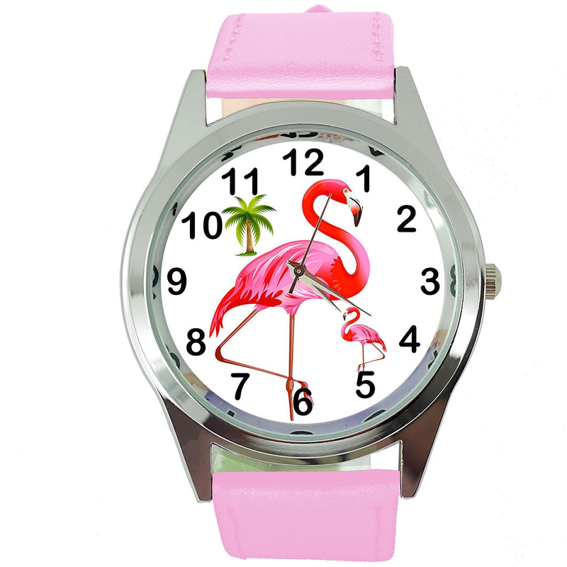 [Australia] - Pink Leather Round Quartz Watch for Flamingo Fans 