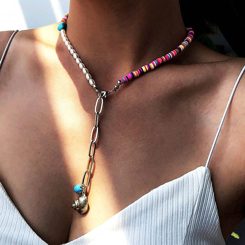 [Australia] - Ushiny Boho Shell Choker Necklaces Multi-colored Beaded Necklaces Vintage Pearl Necklace Jewelry for Women and Girls 