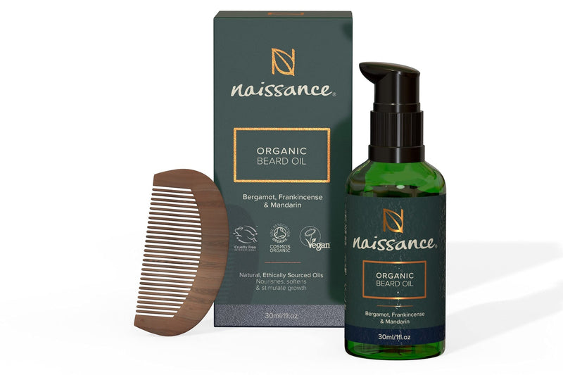 [Australia] - Naissance Organic Beard Oil & Wooden Comb Set For Men 30ml - Conditioning Grooming Kit Hair Growth Repair Dry Skin Natural Thickener Serum with Castor Argan & Jojoba Oil - Scented Travel Friendly 