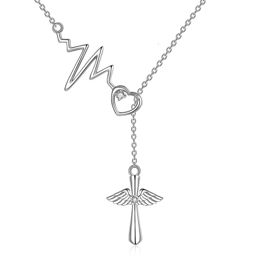 [Australia] - YFN Cross Necklace Sterling Silver Nurse Pendant Necklace with Heart Beat Jewellery Gifts for Nurse Women Girls 