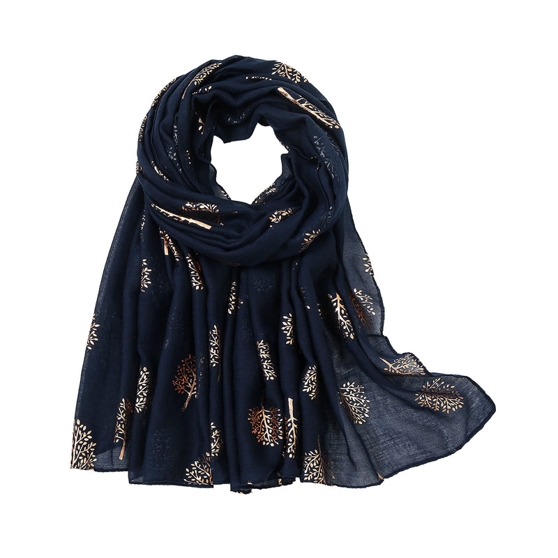 [Australia] - KAVINGKALY Ladies Scarf Silver Foil Mulberry Tree Print Long Scarf Rose gold-Navy 