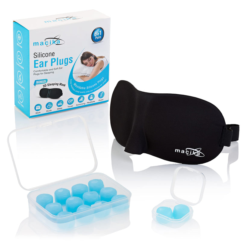 [Australia] - macika Sleeping Ear Plugs Silicone Ear Plugs with Sleeping Mask Comfortable and Soft Earplugs Noise Cancelling Ear Plugs Mouldable Reusable Silicone Plugs for Sleeping, Studying, Swimming,7 Pairs 
