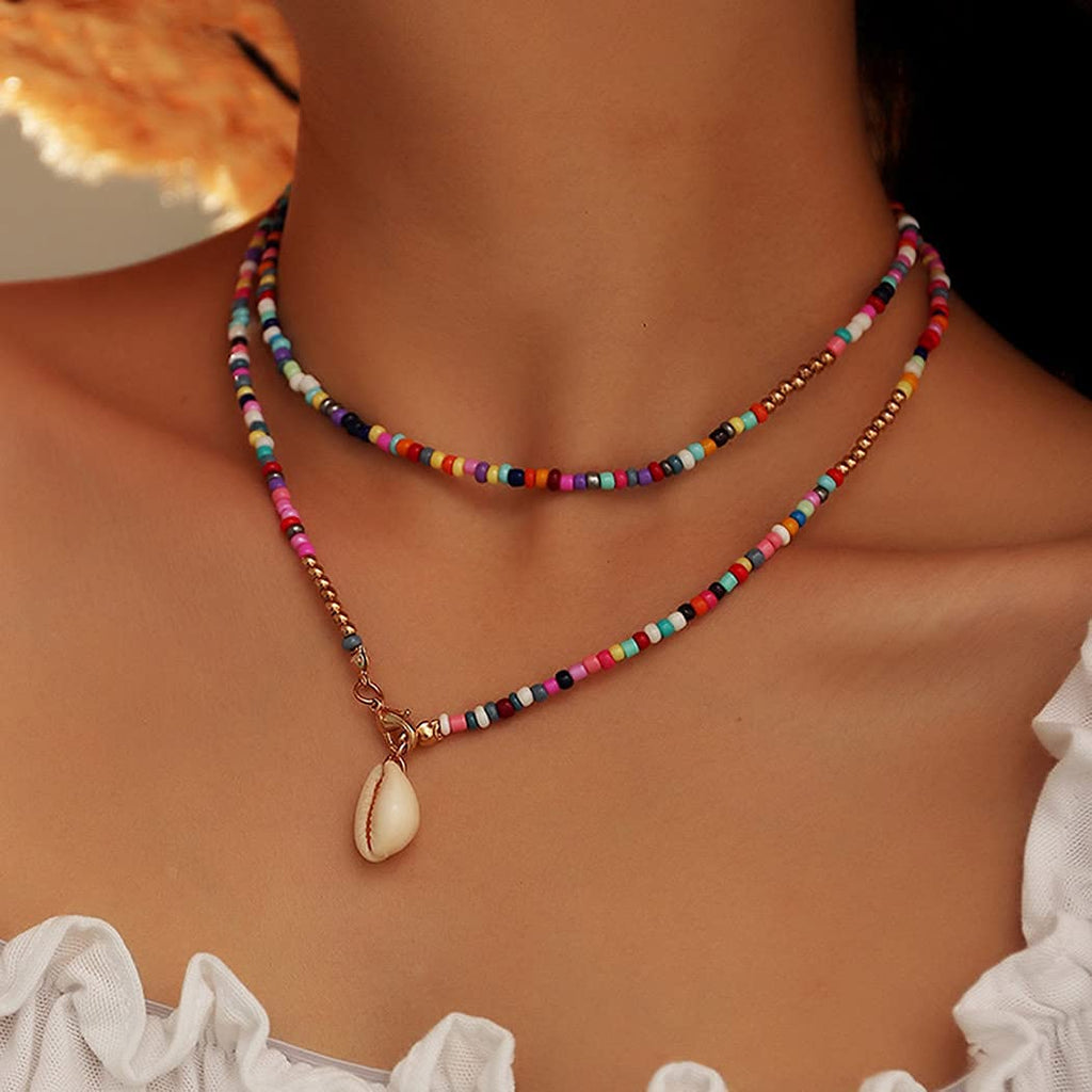 [Australia] - Ushiny Boho Shell Necklace Gold Beaded Choker Necklaces Colorful Bead Necklace Summer Necklace Jewelry for Women and Girls 