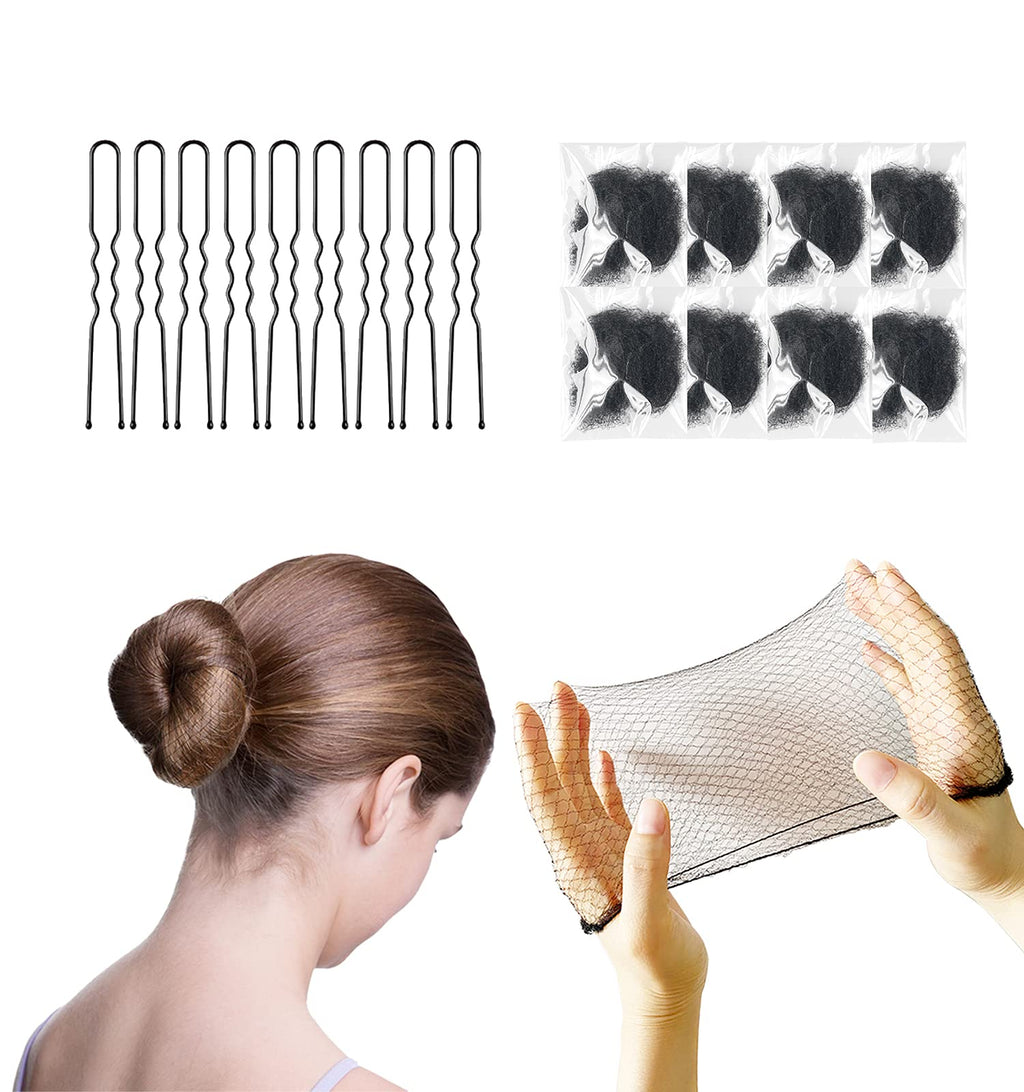 [Australia] - Invisible Hair Nets and U Shaped Hair Pins Set/Hair Bun Shaper Set with 50Pcs Elastic Edge Mesh Hair Nets and 10Pcs Positioning U Shaped Hair Pins for Women Hair Bun(Black) Black 